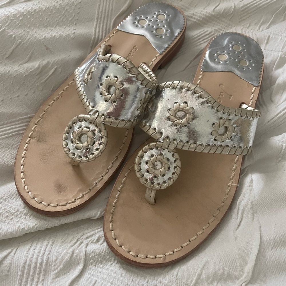 Jack Rogers Silver Tan Sandals with Whipstitch Design